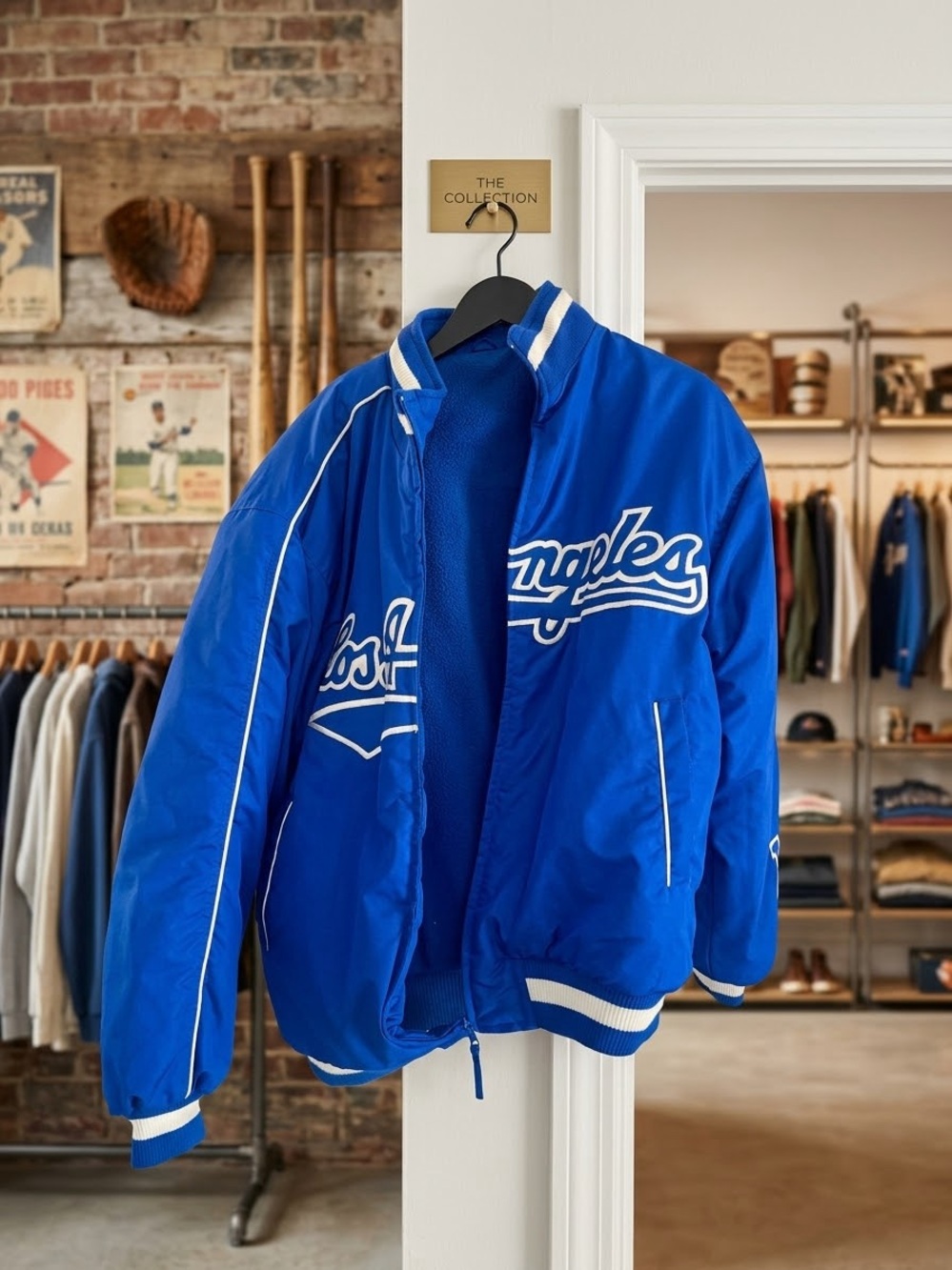 Vintage Style LA Script Varsity Jacket Blue Mens L (READ: Broken zipper)